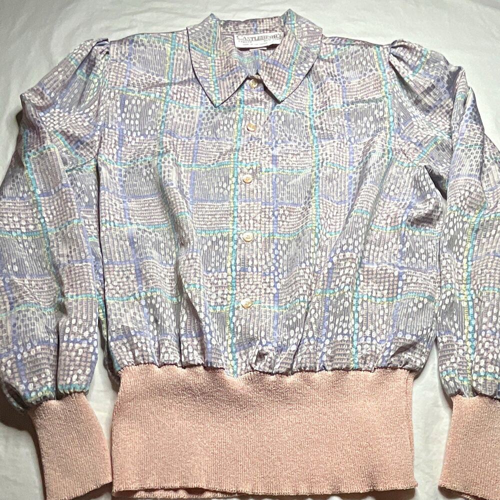 Castleberry Women’s 12 Multicolor Plaid Collared Long Sleeve Button Knit Blouse